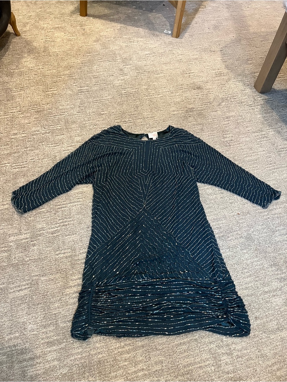 Parker Dark Teal Metallic-Striped Long Sleeve Dress